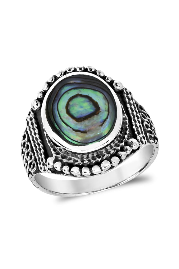 Rainbow Abalone Vintage Oval Balinese Style Sterling Silver Ring-10