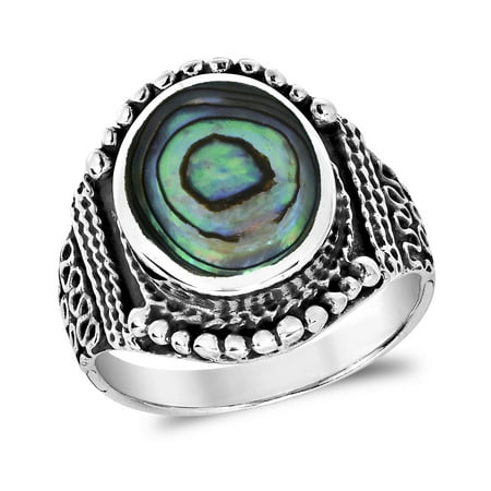 Balinese Shell - Rainbow Abalone Vintage Oval Balinese Style Sterling Silver Ring-11