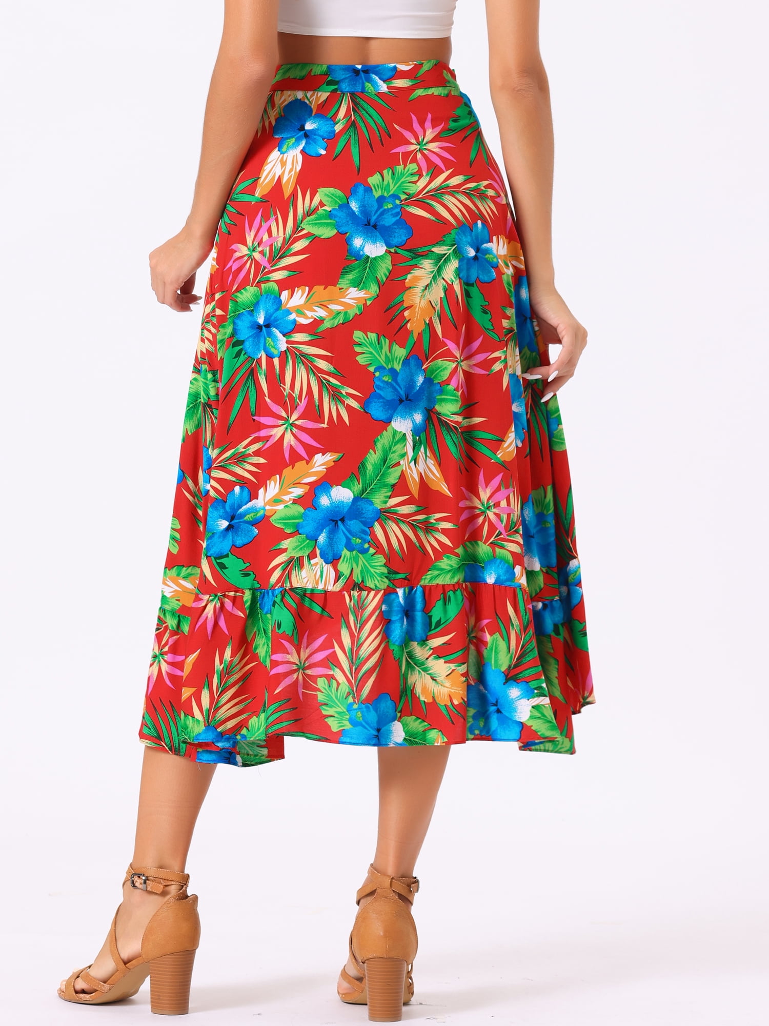DARING DIVA Women's Ruffle Self Tie Knot Split Beach Wrap Midi Skirt S Red
