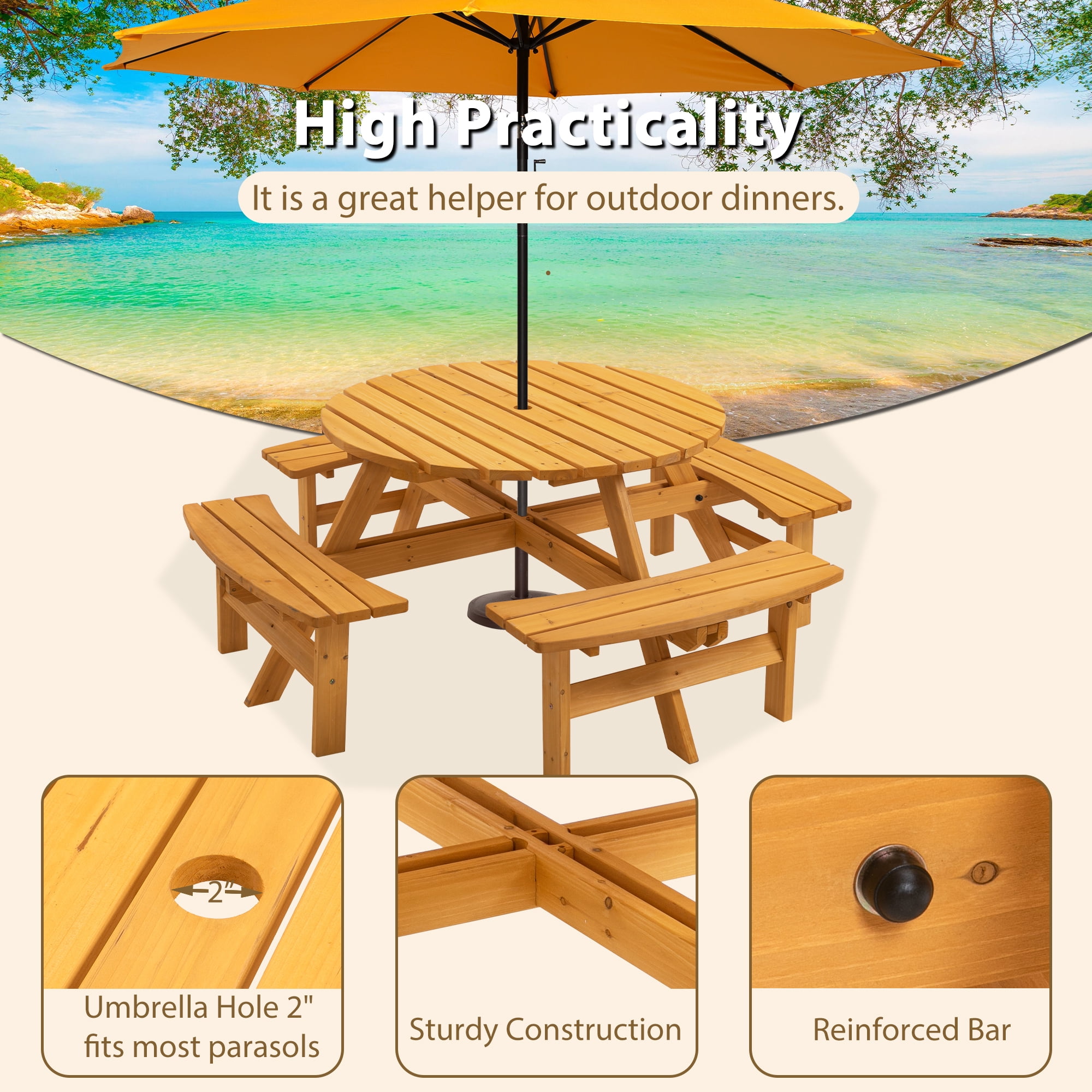 8‑Person Solid Fir Wood Round Picnic Table with 4 Built‑in Curved Benches, Outdoor Patio Dining Table with 2” Umbrella Hole, 2220lb Total Capacity, Natural Finish