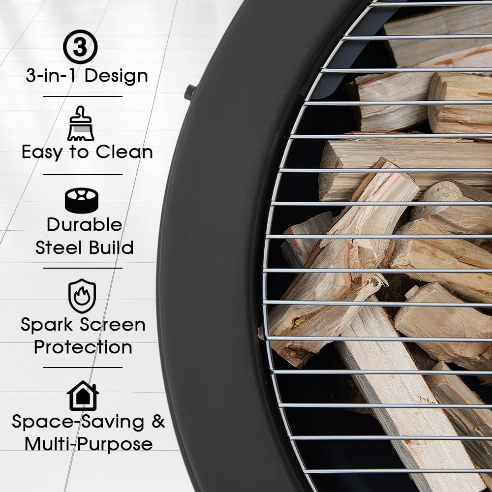 Large Wood Burning Fire Pit with 28" Rotating Wheeled Side Table, 3-In-1 Outdoor Metal Firepit with Screen Lid, Grill and Basting Brush for BBQ Patio Backyard Garden