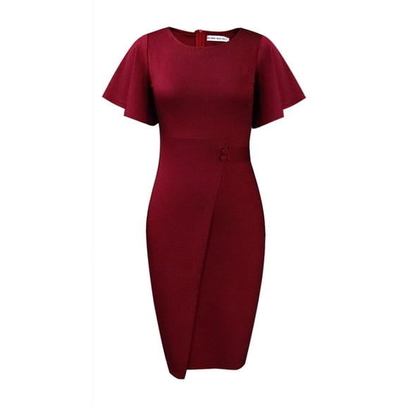 AURA Womens Midi Pencil Dress High Waist Ruffle Short Sleeve Round Neck Solid Color S XXXL