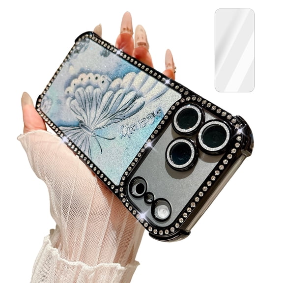 Dteck Bling Glitter Diamond Rhinestone Case for iPhone 17 Pro Max with Glass Screen Protector, Shockproof Butterfly Pattern Sparkle Hard PC TPU Protective Cover for Women Girls, Black