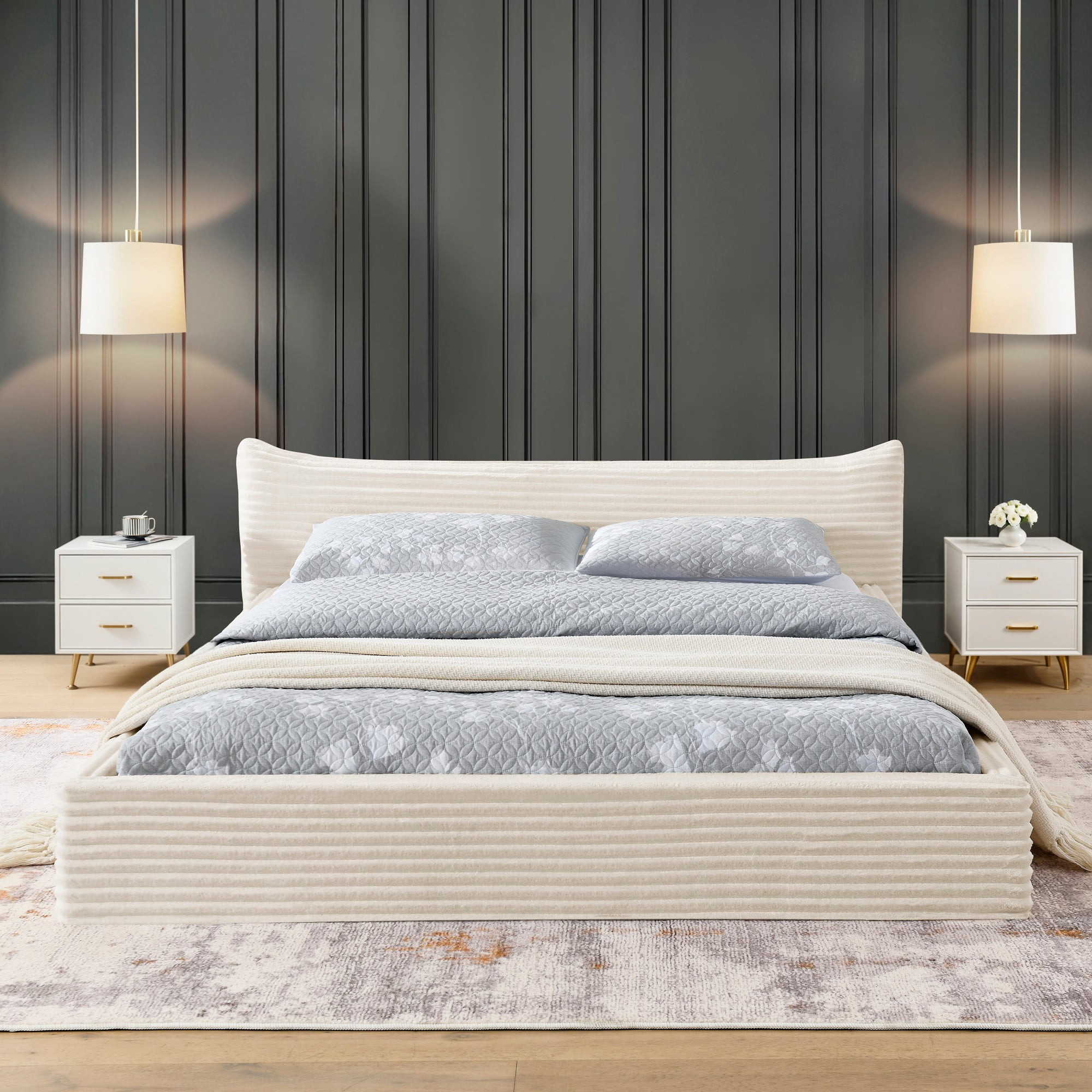 Aukfa Queen Size Upholstered Platform Bed with Curved Headboard, Velvet Fabric Low Profile Bed Frame, No Box Spring Needed, Beige