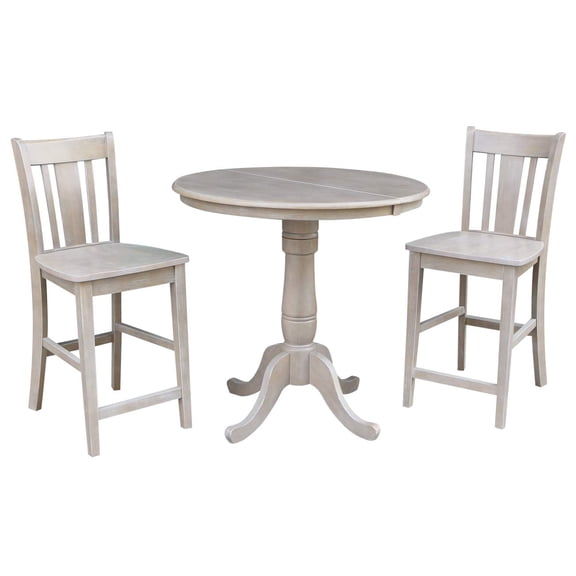 36" Round Counter Height Table with 12" Leaf and 2 San Remo Stools – Washed Gray Taupe - 3 Piece Set