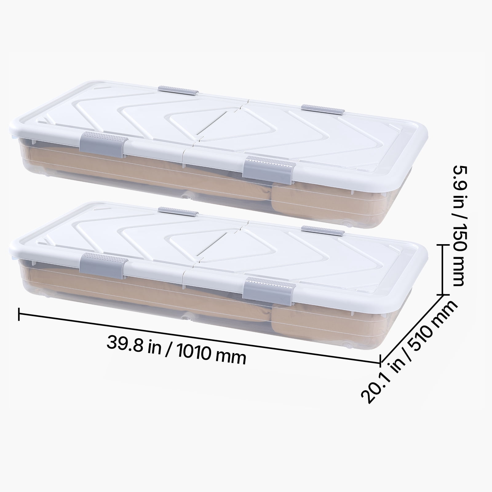 KFFKFF Under Bed Storage with Wheels, 39.8 x 20.1 x 5.9 Inch Rolling Containers, Underbed Organizer with Lid and Gray Latches, Storage Bins for Clothes, Shoes, and Blankets, Set of 2