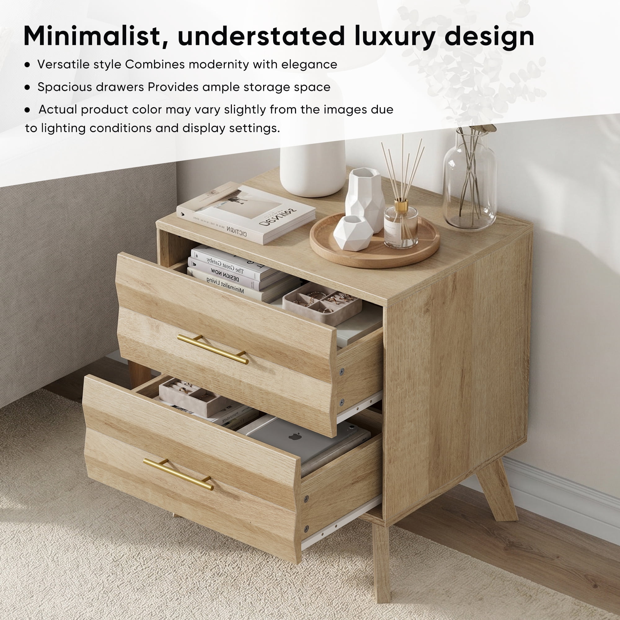 2-Drawer Modern Nightstand with Metal Handles, Mid-Century Bedside Storage Cabinet with Pine Wood Legs & Anti-Tipping Device for Bedroom Living Room·