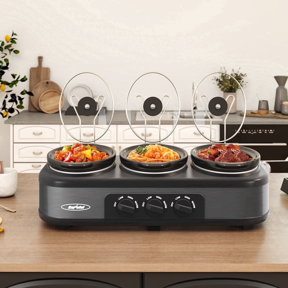 Sunvivi 3-in-1 Crock Pot Slow Cooker, 4.5QT Buffet Server and Food Warmer with 3 Removable Ceramic Pots, Crockpot with 3 Spoons and Lid Rests for Parties, Picnics, Grey