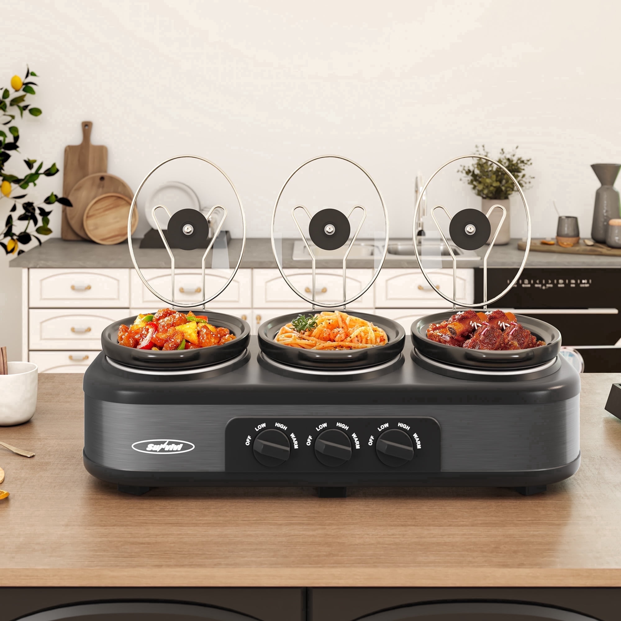 Sunvivi 3-in-1 Crock Pot Slow Cooker, 4.5QT Buffet Server and Food Warmer with 3 Removable Ceramic Pots, Crockpot with 3 Spoons and Lid Rests for Parties, Picnics, Grey