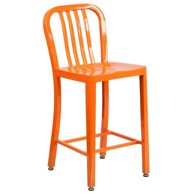 24'' High Orange Metal Indoor-Outdoor Counter Height Stool with Vertical Slat Back