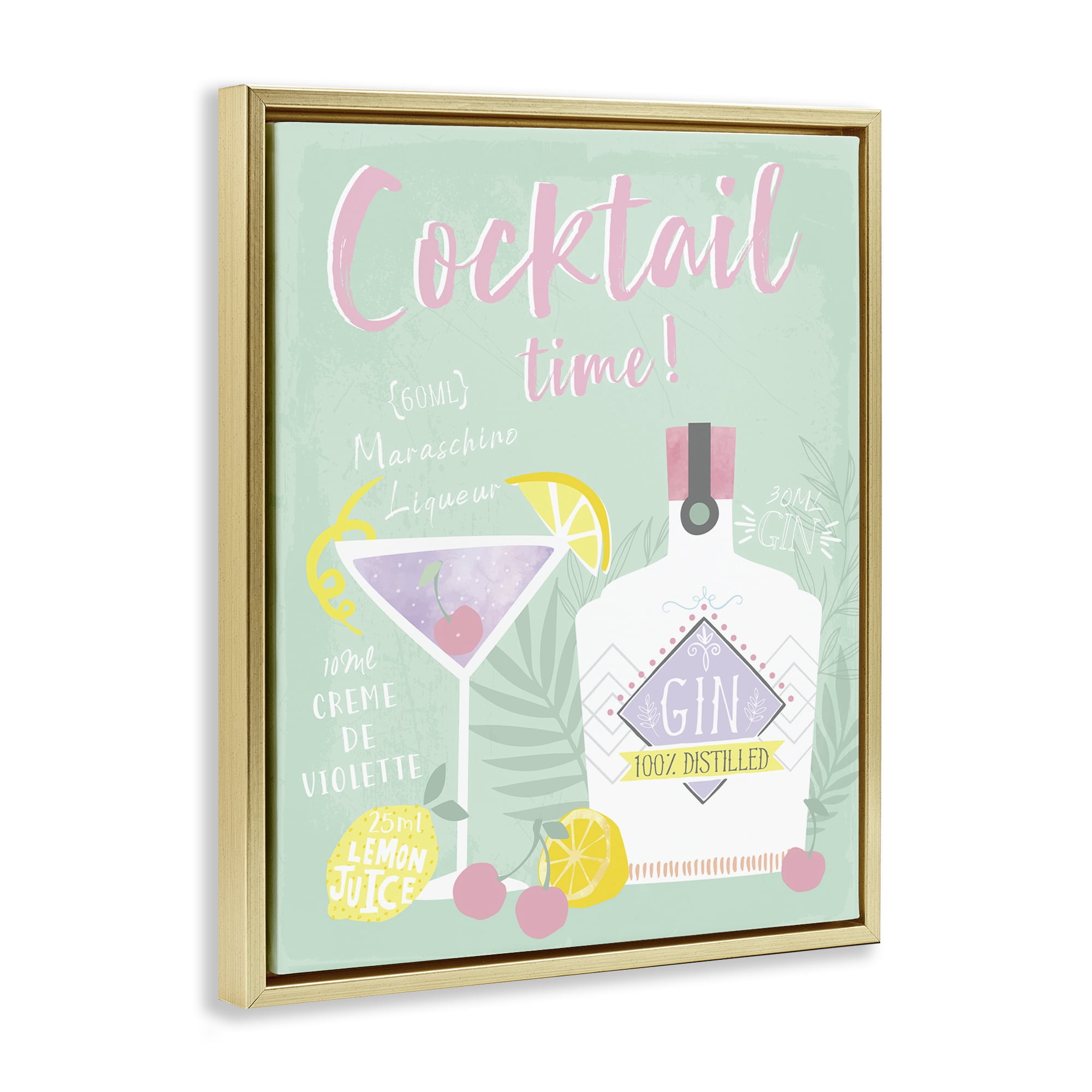 Stupell Industries Cocktail Time with Recipe Food & Beverage Painting Gold Floater Framed Canvas Art Print Wall Art, 17 x 21