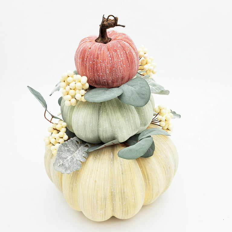 Way to Celebrate Harvest Green, Orange and White Foam Pumpkin Stack  Decoration, 14.5 Tall 