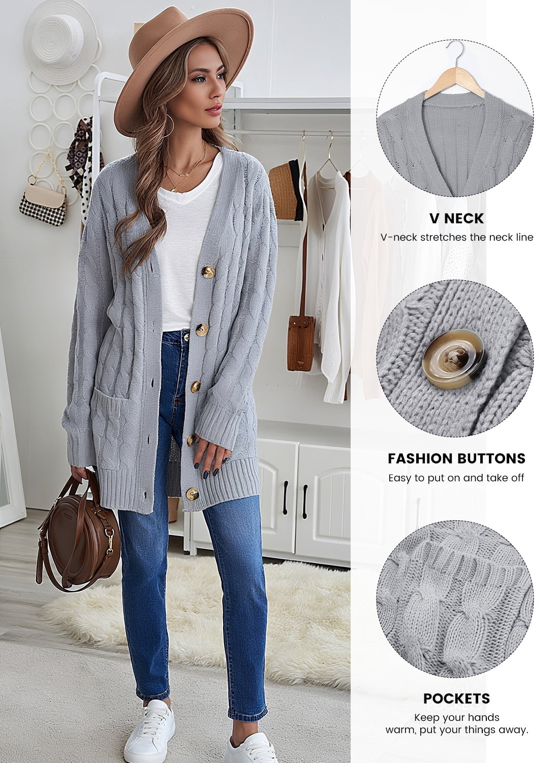 DOKOTOO Womens Cable Knit Cardigan with Pockets Button Down Gray Chunky Cardigans Open Front Loose Plus Size Sweater Outerwear for Work Spring Fall Winter Size Large US 12-14