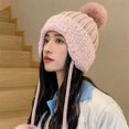 thumbnail image 1 of Gorro de pelo de conejo para mujer, protección para los oídos, lana de engrosamiento doble, gorro de lana de punto cálido, invierno, dulce y bonito, 1 of 4