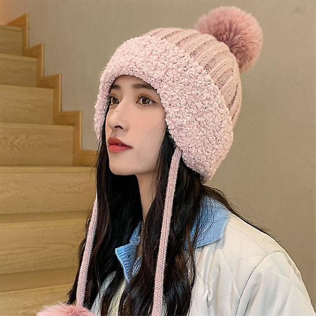 Gorro de pelo de conejo para mujer, protección para los oídos, lana de engrosamiento doble, gorro de lana de punto cálido, invierno, dulce y bonito