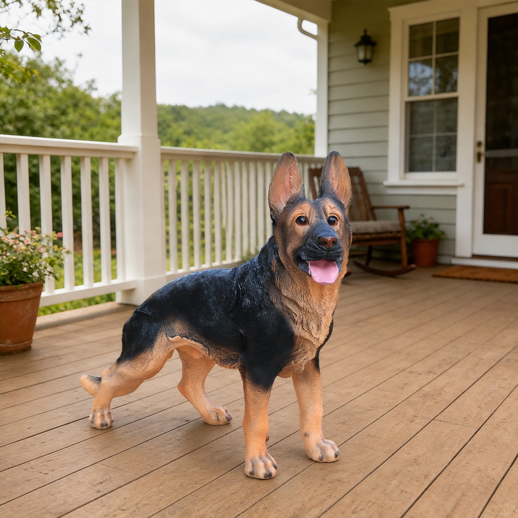 Noble House Lifelike Standing German Shepherd Dog Statue, Realistic Resin Animal Figurine for Outdoor Garden Decor, Black Brown