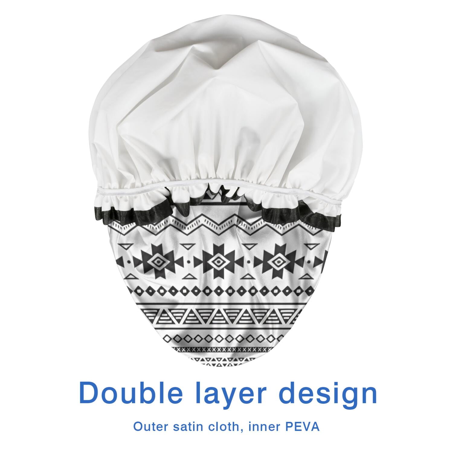 Shower Caps,Black Geometric Border Pattern Waterproof Shower Cap for Women 4 Pieces,Double Reusable Hair Cover for Shower PEVA Elastic Stretch Hem