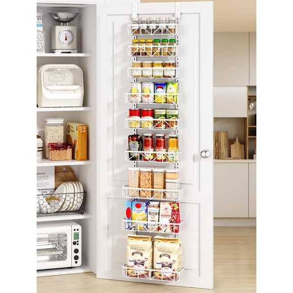 Narrow 9-Tier Over the Door Pantry Organizer, Adjustable Pantry Storage, Metal Hanging Spice Rack, Cabinet Door Organizer for Kitchen, Bathroom, Laundry Room, 12.5" White