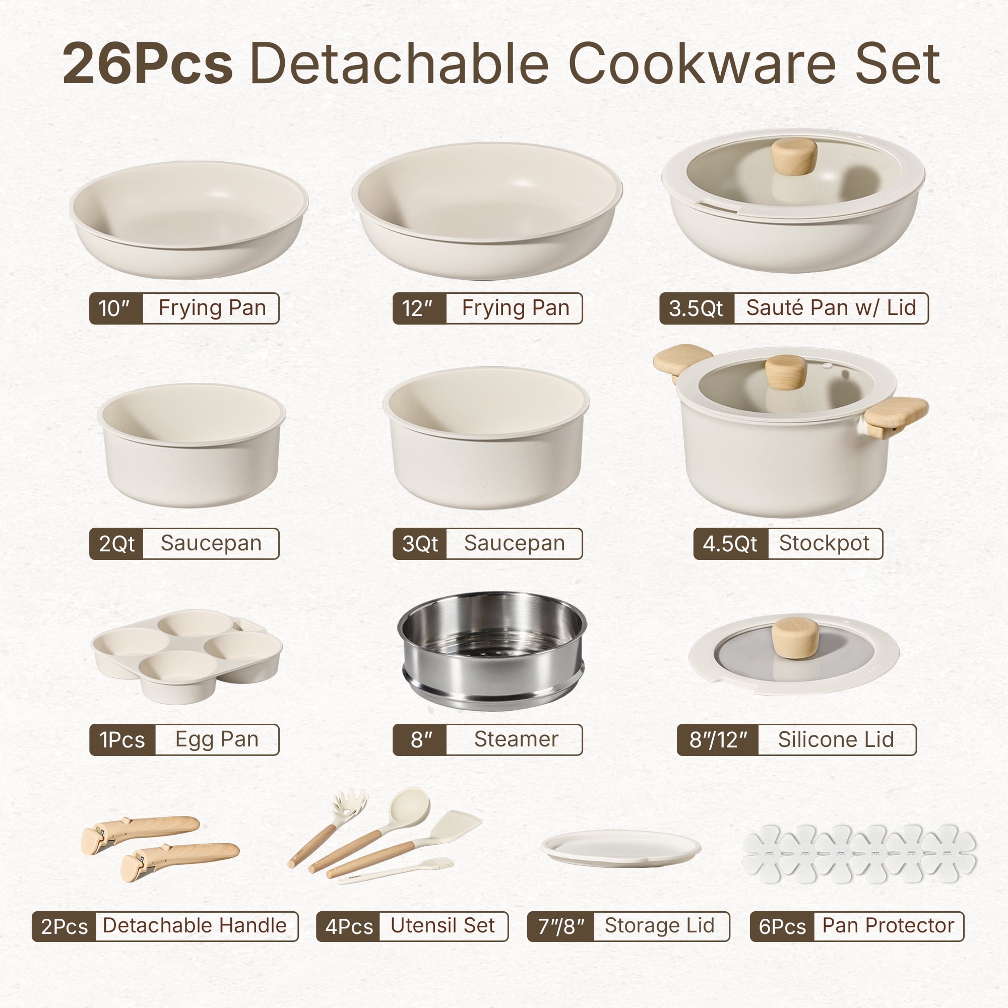 Carote 26 Pcs Nonstick Cookware Sets, Pots and Pans Set with Detachable Handles, Oven Safe, Induction Cookware, Stackable Kitchen Cooking Set, White