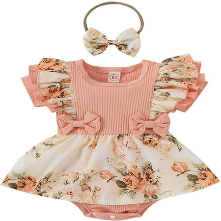 

Newborn Baby Girl Clothes Spring Summer Infant Romper Floral Suspenders Dress Ruffle Sleeve Onesie Outfit Jumpsuit+Headband