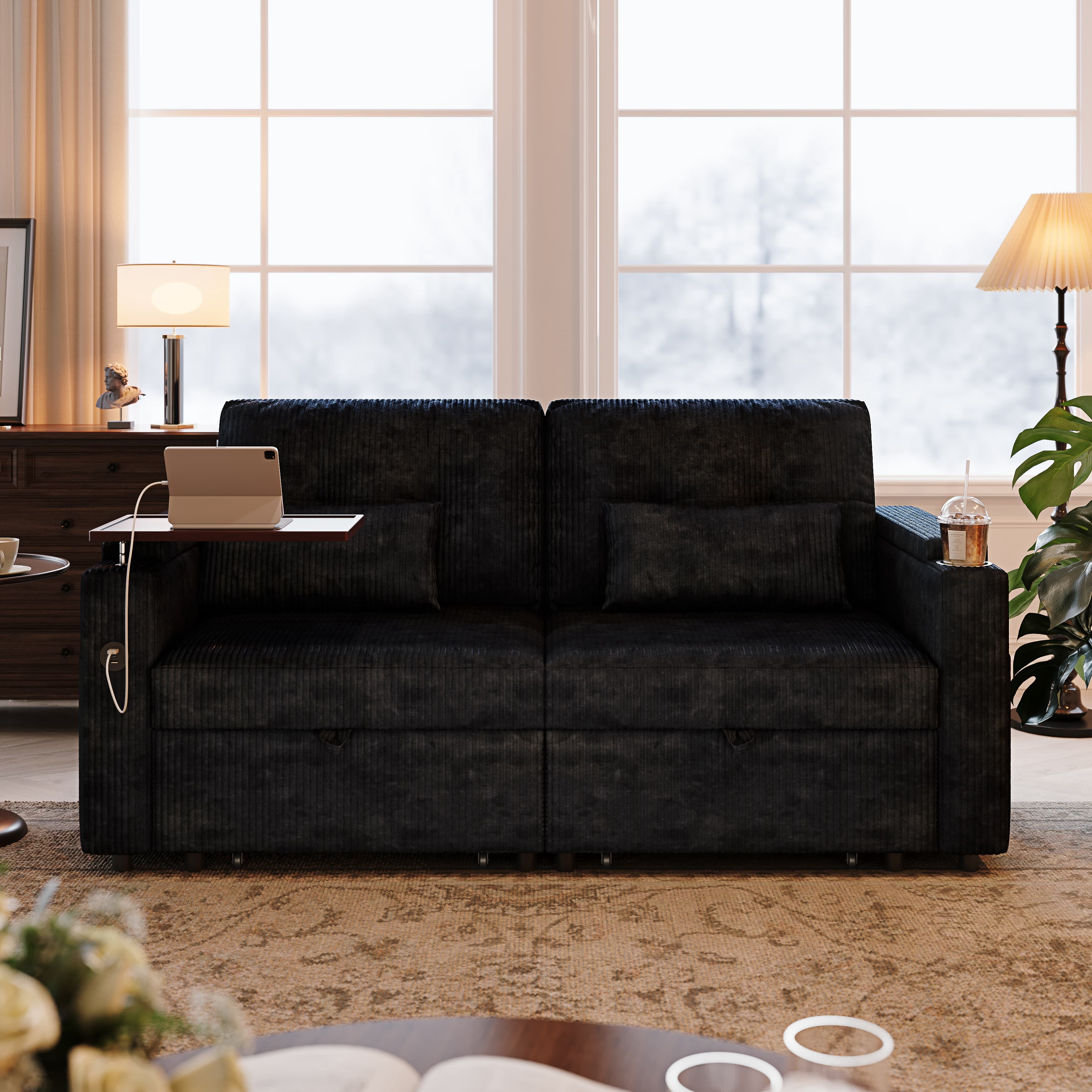 Aukfa 73" 3-in-1 Convertible Sleeper Sofa Bed, Corduroy Pull-Out Couch with 360° Swivel Side Table, USB Ports & Storage Armrests, Oversized Queen, Black