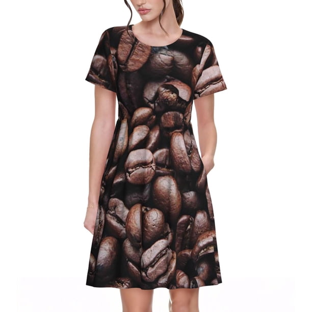 Disketp Coffee Bean para Vestido de Manga Corta para Mujeres, Vestidos de Verano para Mujeres, Casual y Holgado para la Playa
