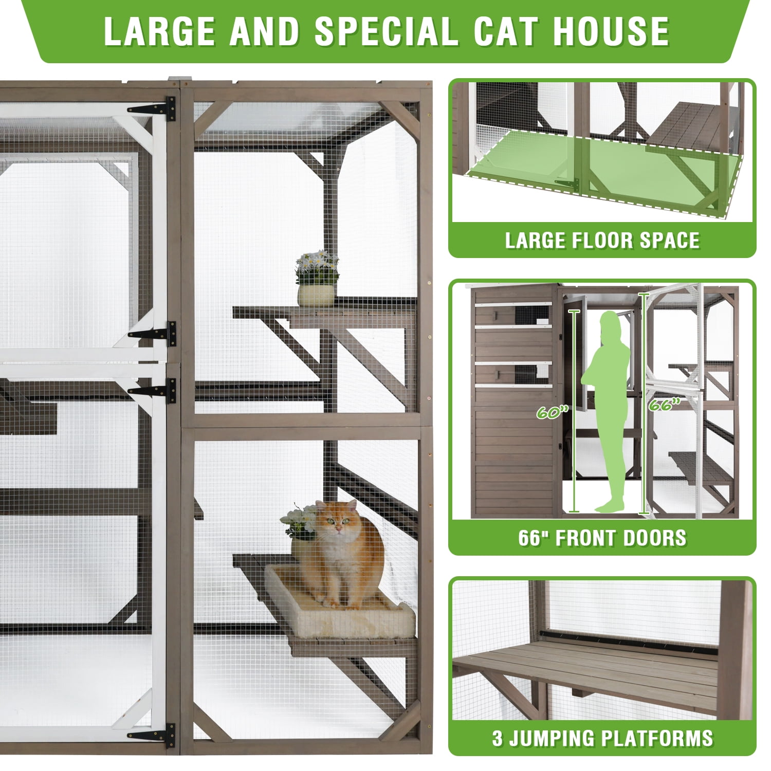 PETSCOSSET Catio Outdoor Cat Enclosures Wooden Cat House Weatherproof with Multi Platforms, Gray