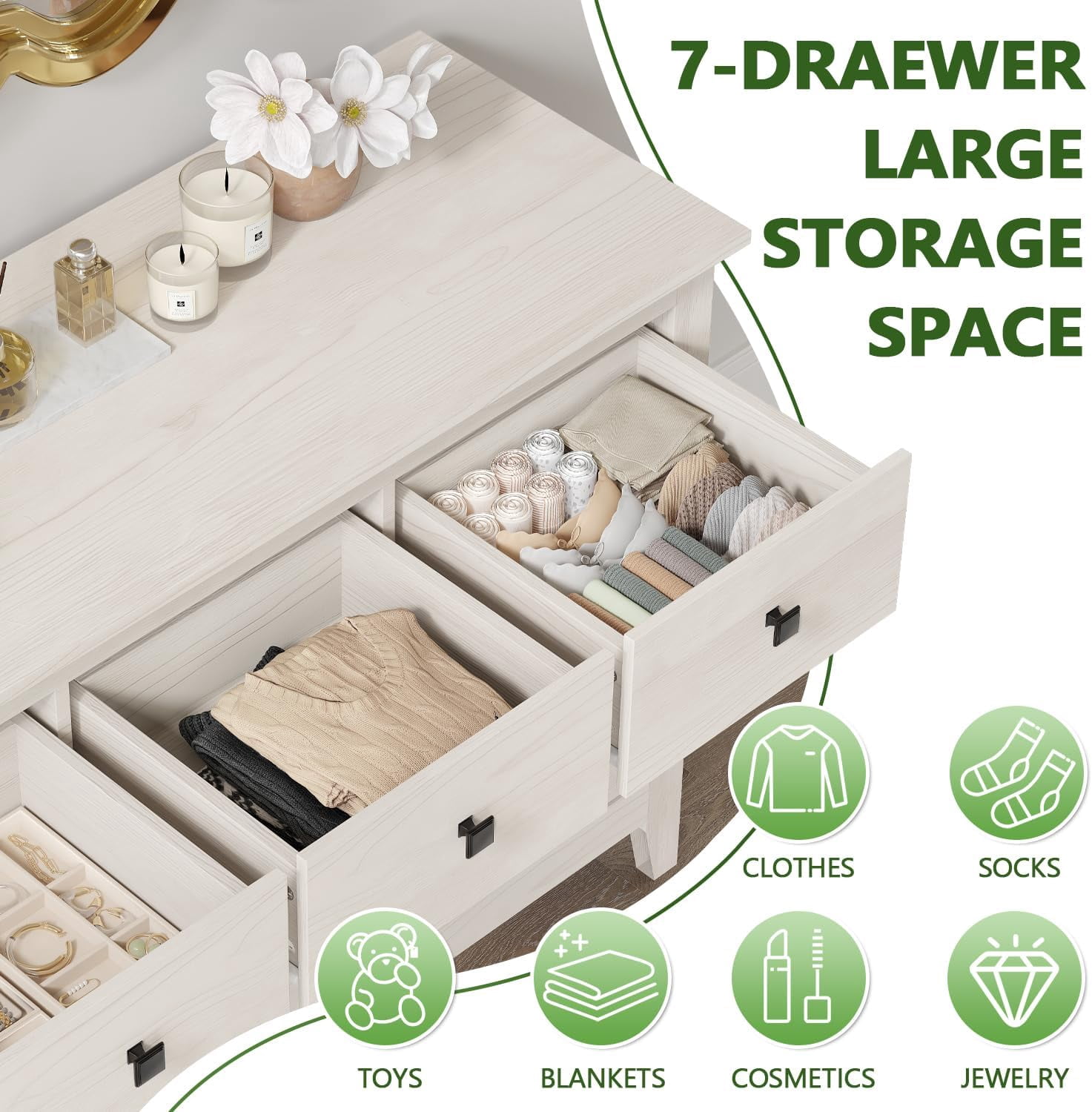 LAZZO 7-Drawer Dresser, Farmhouse Wooden Chest of Drawers for Bedroom Living Room and Hallway, White
