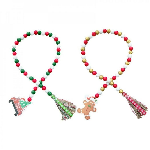 Abcelit 2pcs Christmas Wood Bead Garland with Tassels Farmhouse Rustic Kid Room Wall Hanging Ornaments Party Decor Supplies