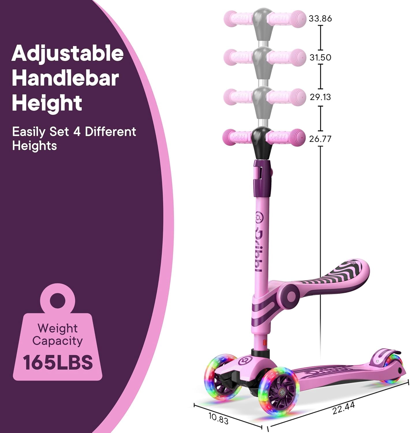 Dribbl 3-Wheel Kids Scooter with Seat, Light-Up Wheels, Adjustable Handlebar, Wide Deck & Rear Brake, Ages 2+