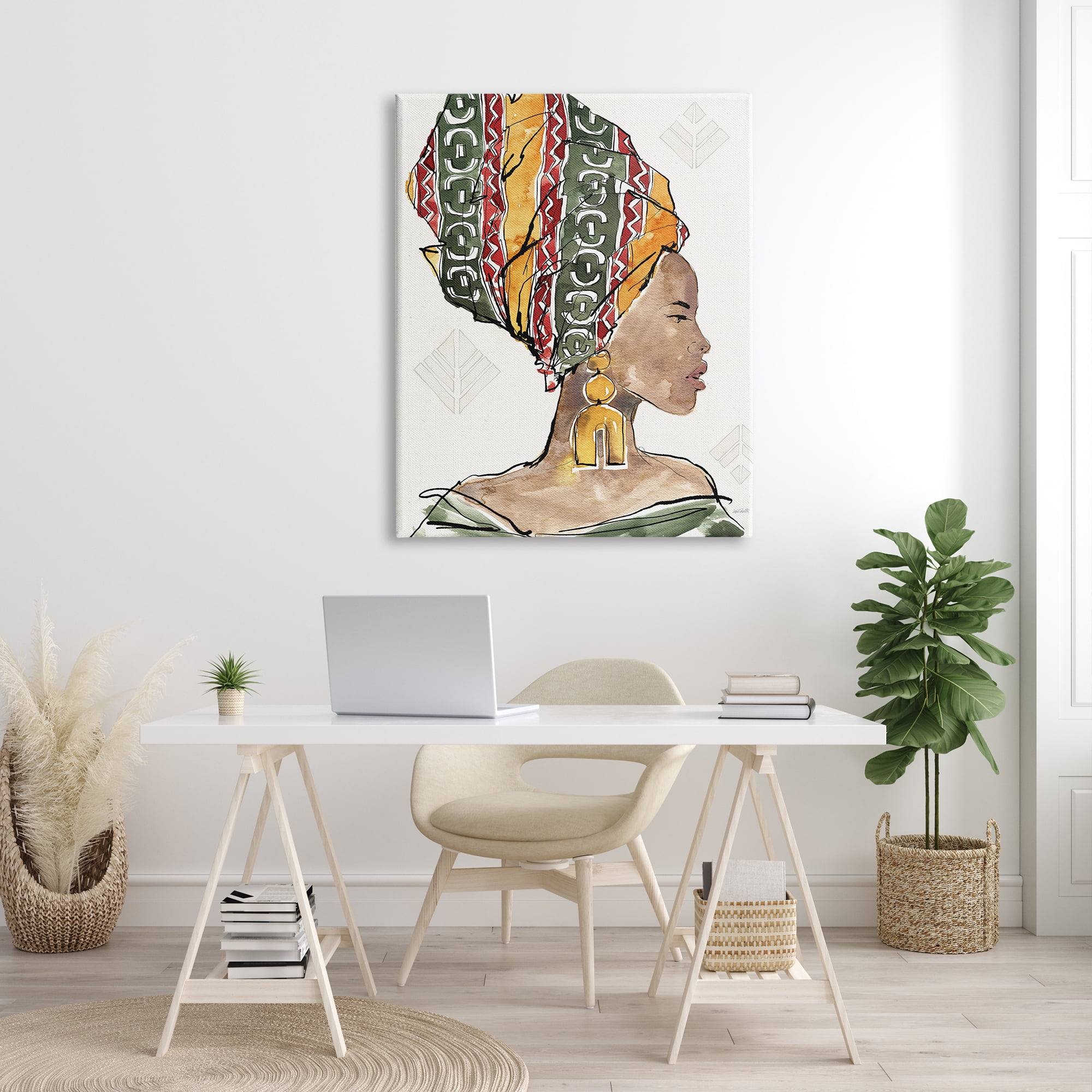 Design by Anne Tavoletti African Woman Patterned Head Wrap Strong Portrait 36 in x 48 in Painting Canvas Art Print, by Stupell Home Décor