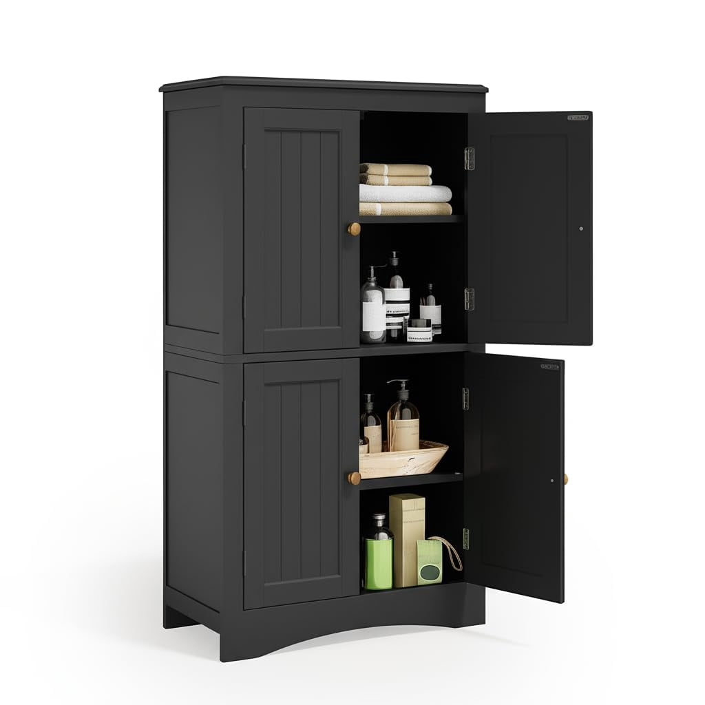 Aiho 43" Bathroom Storage Cabinet, Freestanding Cabinet with 4 Doors & 3 Adjustable Shelves for Bathroom - Black