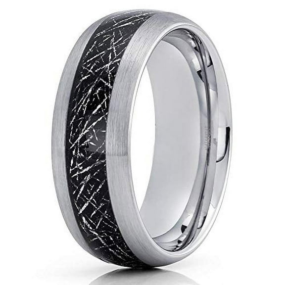 Meteorite Tungsten Wedding Band - Silver Tungsten Ring - Meteorite Ring (12.5)