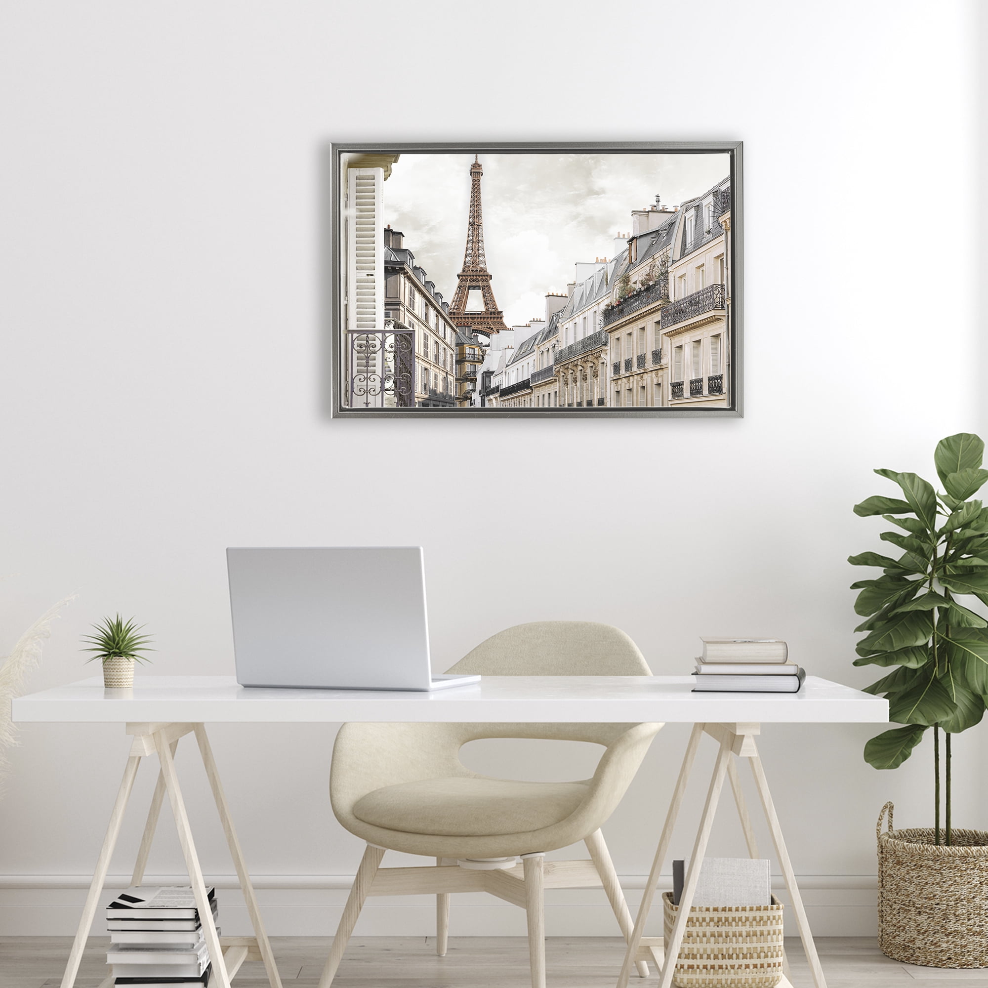 Stupell Industries Eiffel Tower Through Parisian Balconies Gray Framed Floater Canvas Wall Art, design by CAD Designs