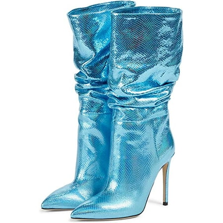 

The shy Metallic Leather Knee High Boots Women s Wide Calf Slouchy Boot Snake-pattern Stiletto Heel Booties