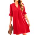 thumbnail image 3 of Summer Dresses for Women V Neck Ruffle Short Sleeve Casual Shift Dress with Pockets Red S, 3 of 7