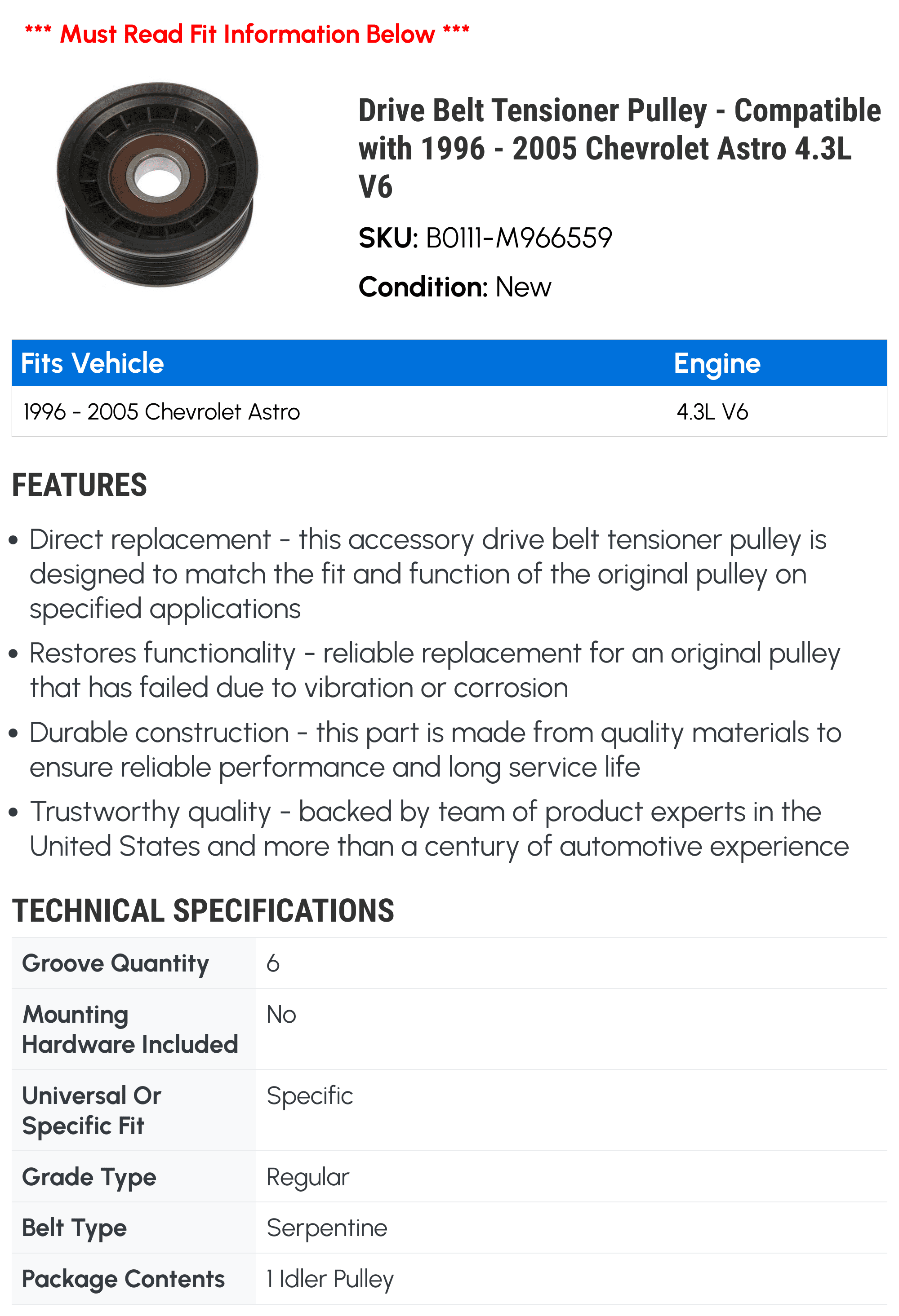 Drive Belt Tensioner Pulley - Compatible with 1996 - 2005 Chevrolet Astro 4.3L V6 - Dorman