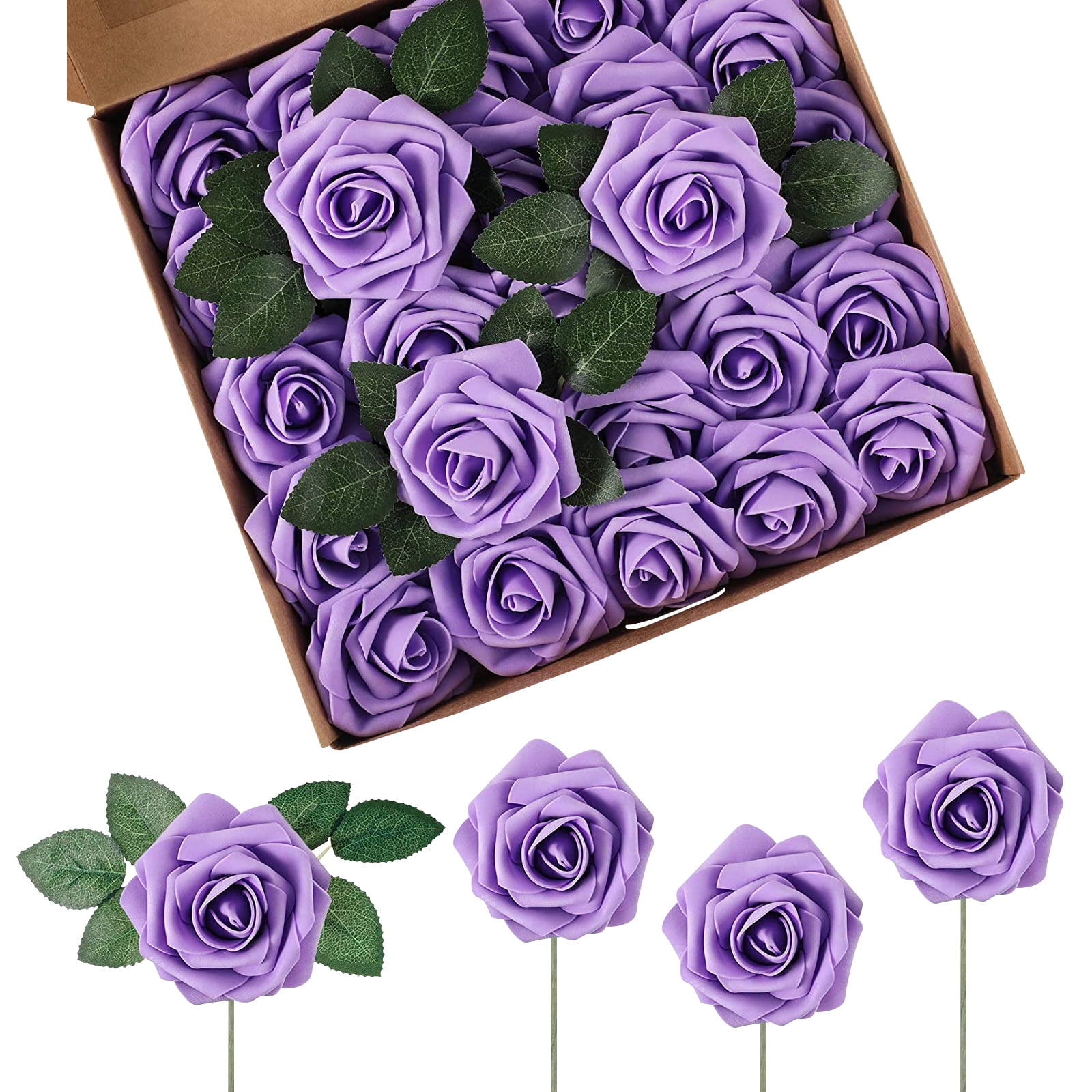 25 Pack Artificial Rose Flowers, Real Looking Foam Fake Rose with Stem