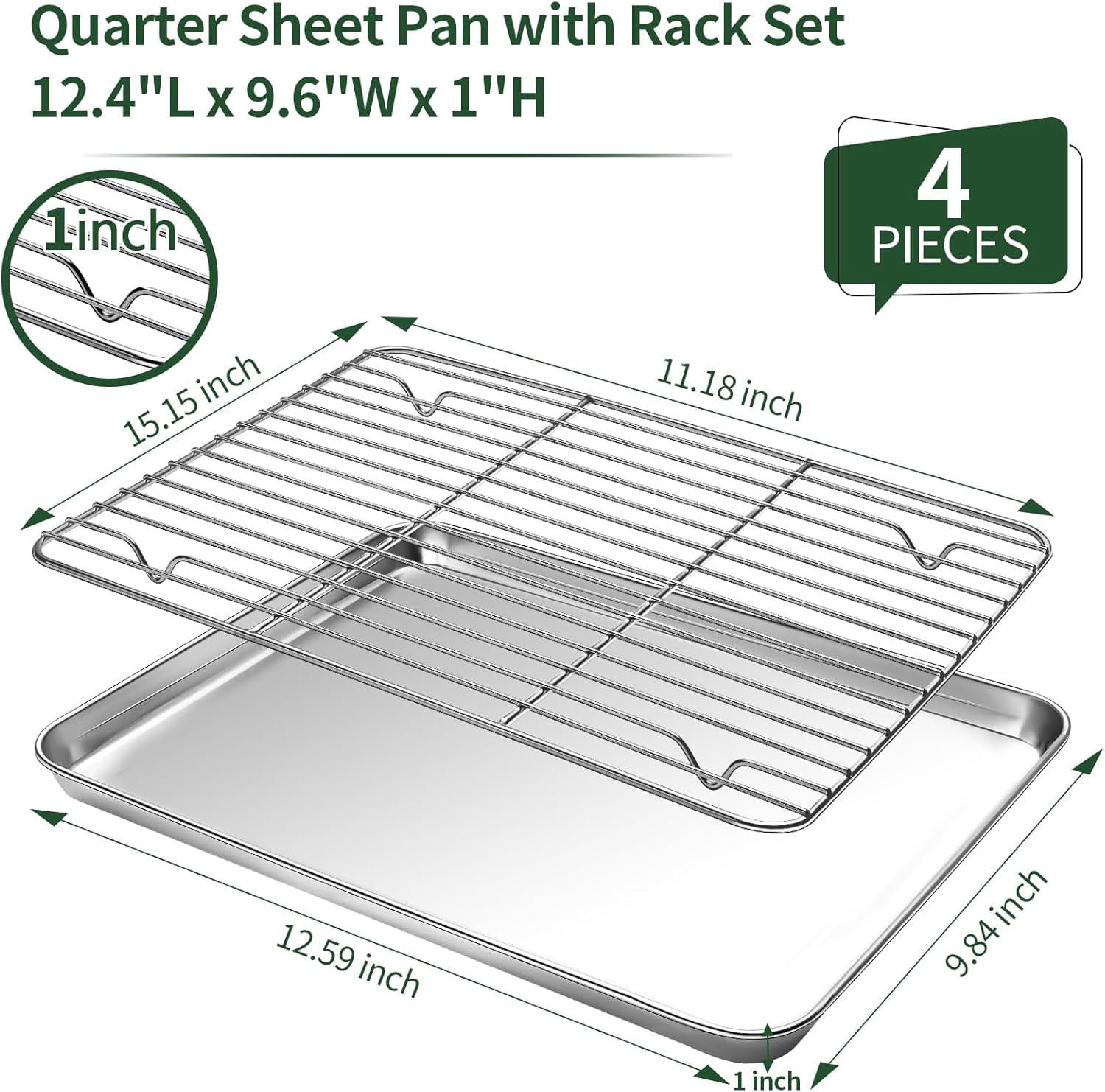 Baking Sheet with Wire Rack Set [2 Quarter Pans + 2 Racks ], Stainless Steel Cookie Sheets for , Non Toxic & Heavy Duty Easy Clean, Size 12 x 10 1 Inch