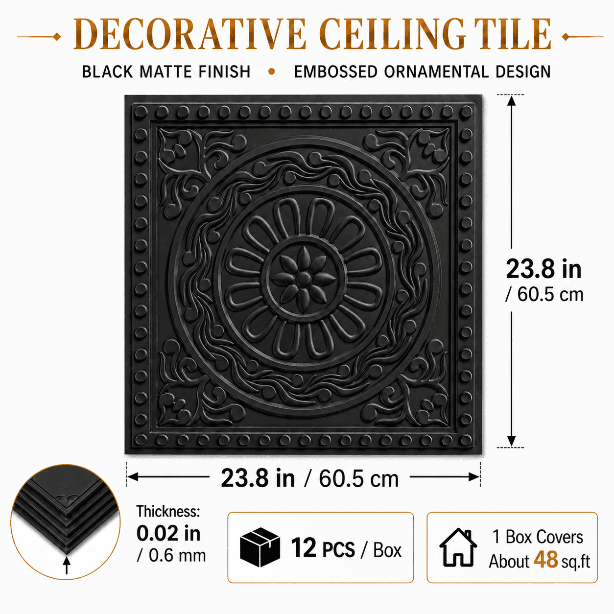 Yeslife 12-Pack Barque Decorative Drop Ceiling Tiles, 2 ft x 2 ft Black PVC Ceiling Panels, Waterproof, Easy to Install, Covers 48 sq ft