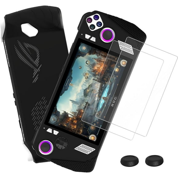 GHSDFBB Étui en Silicone pour ASUS ROG Ally Sortie 2023, Housse de Protection pour Console de Jeu Portable avec 4 Capuchons de Pouce et 2 Protecteurs d'Écran - Améliorez Votre Expérience de Jeu (Noir)