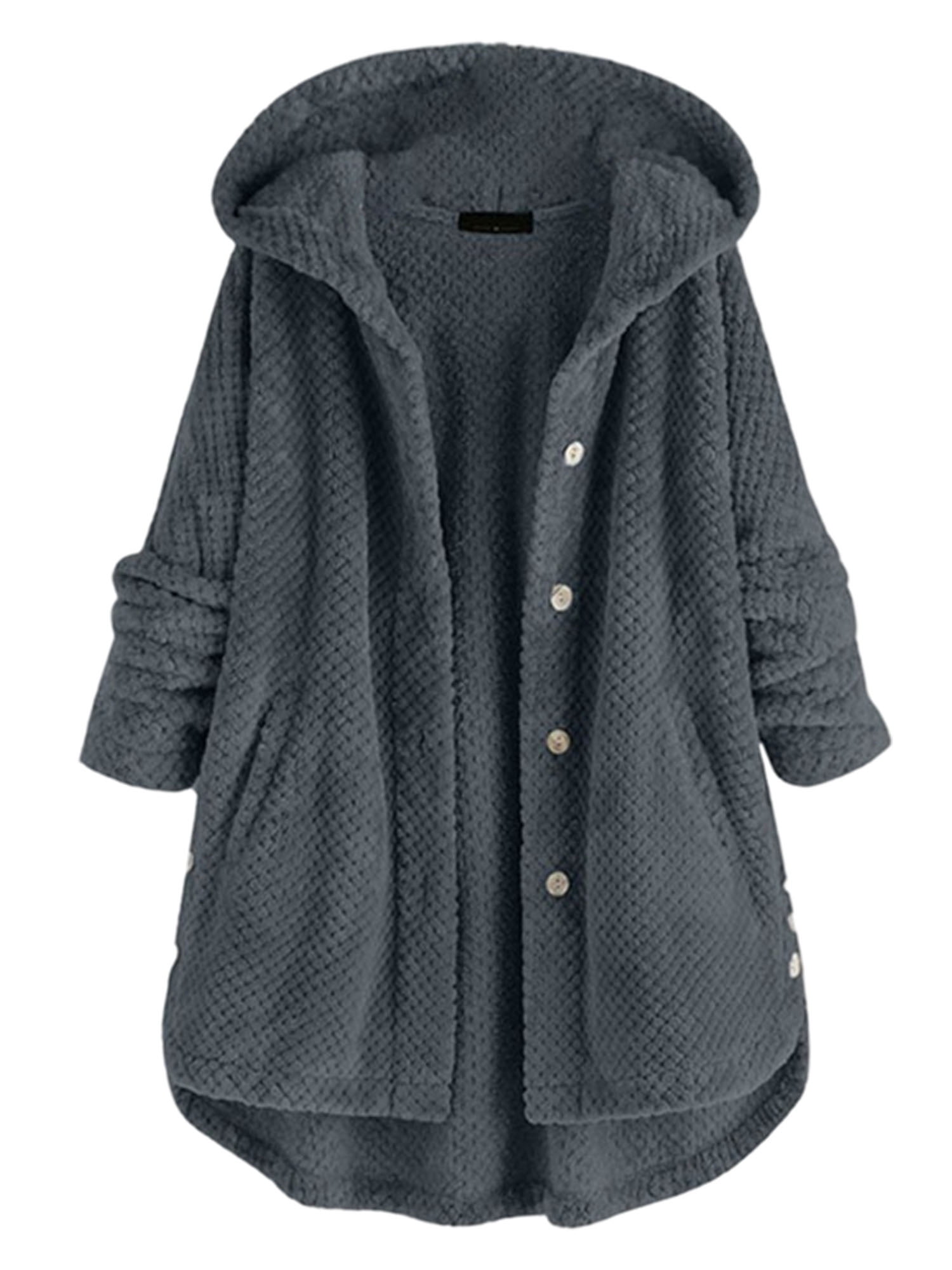 Frontwalk Women Hooded Coat Casual Loose Button Plush Tops Cardigan ...