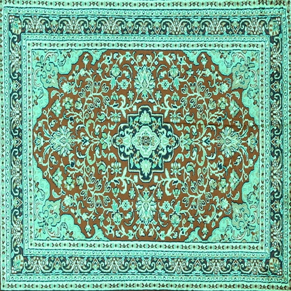 Ahgly Company Machine Washable Indoor Square Medallion Turquoise Blue Traditional Area Rugs, 6' Square