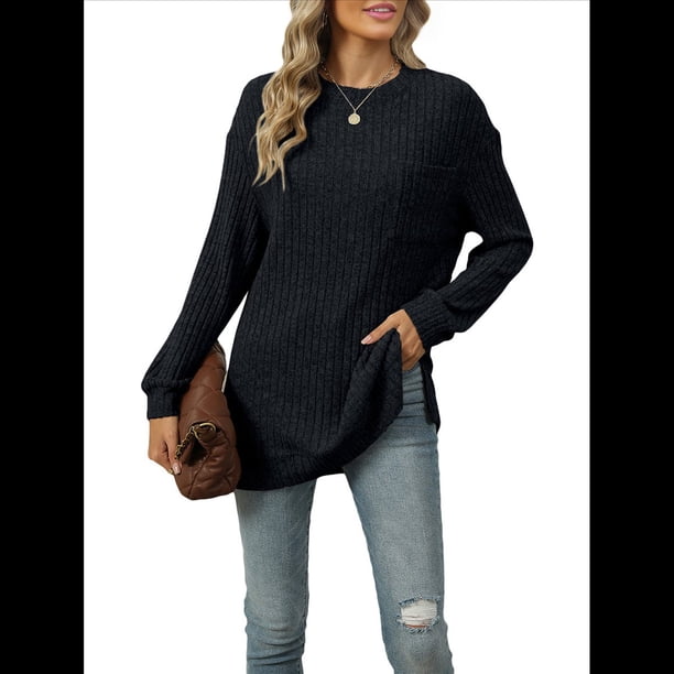 Camisa de Larga para Mujer, Suéter de Otoño, Túnica Informal, Top Holgado con Bolsillos. Negro XXL