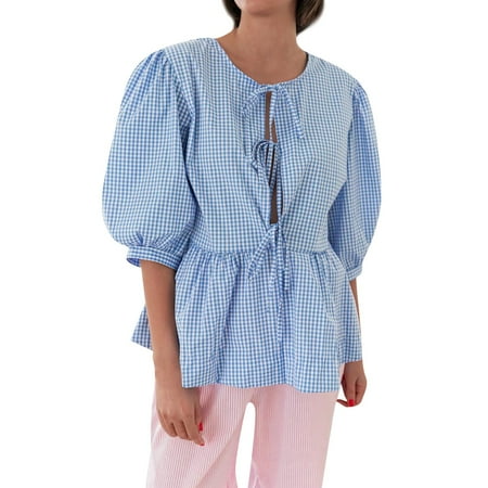 SKSloeg Women Y2K Puff Short Sleeve Peplum Shirts Tie Front Ruffle Hem Babydoll Blouse Tops Teen Girls Lace up Cute Summer Tops Blue L