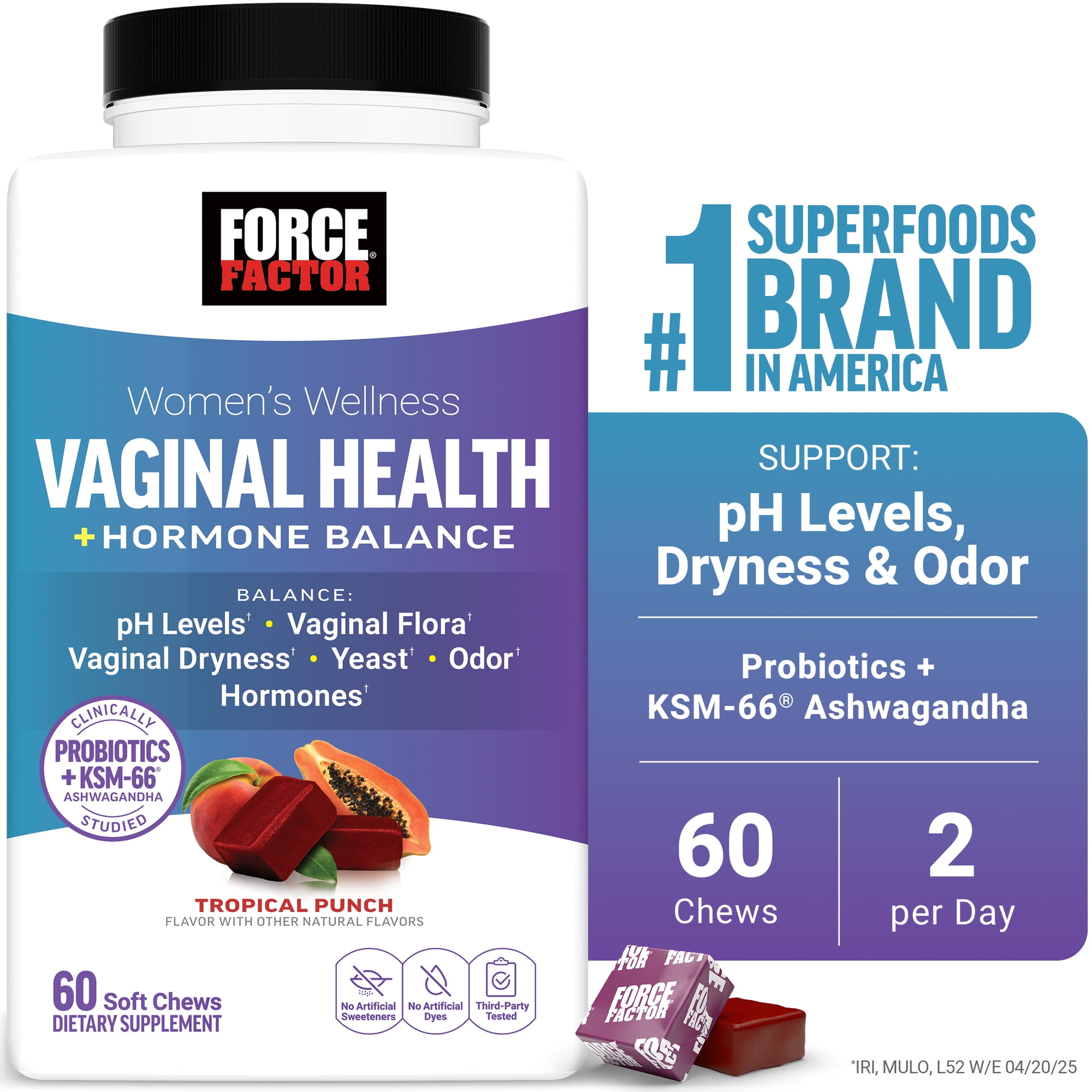 Force Factor Vaginal Health + Hormone Balance, Probiotic Supplement for Women with 5 Billion CFU & KSM-66 Ashwagandha, Tropical Punch, 60 Soft Chews