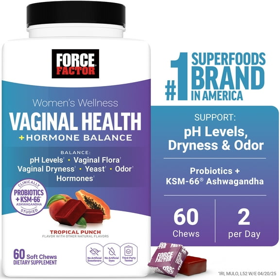 Force Factor Vaginal Health Hormone Balance, Probiotic Supplement for Women with 5 Billion CFU & KSM-66 Ashwagandha, Tropical Punch, 60 Soft Chews