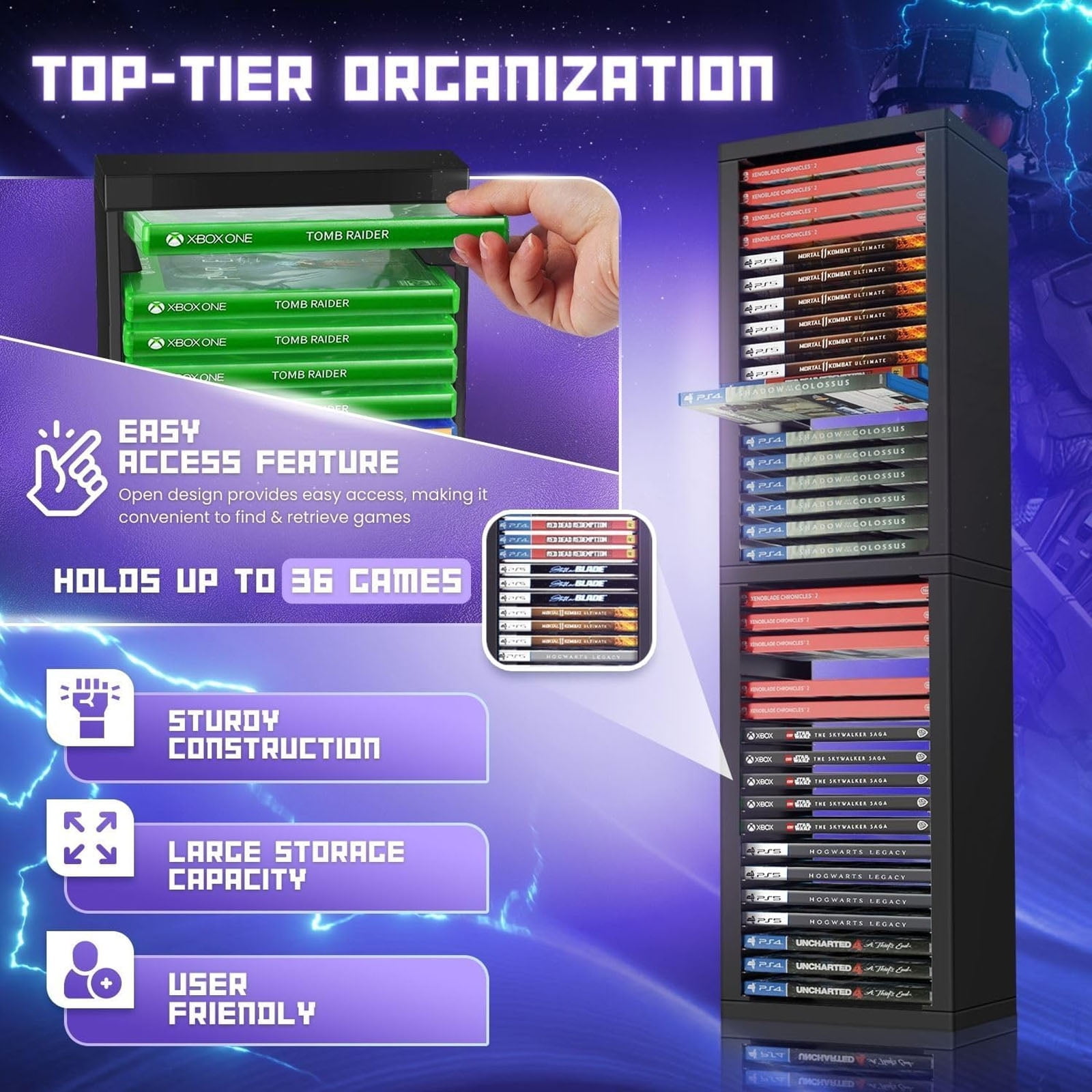Video Game Storage Tower for PS5/ PS4/ PS3/ Xbox Series S & X/Xbox one Game, Universal Game Holder Rack, Vertical Blu Ray Case Organizer Stand, Stores 36 Games Disk or Blu-Ray Disks, Black