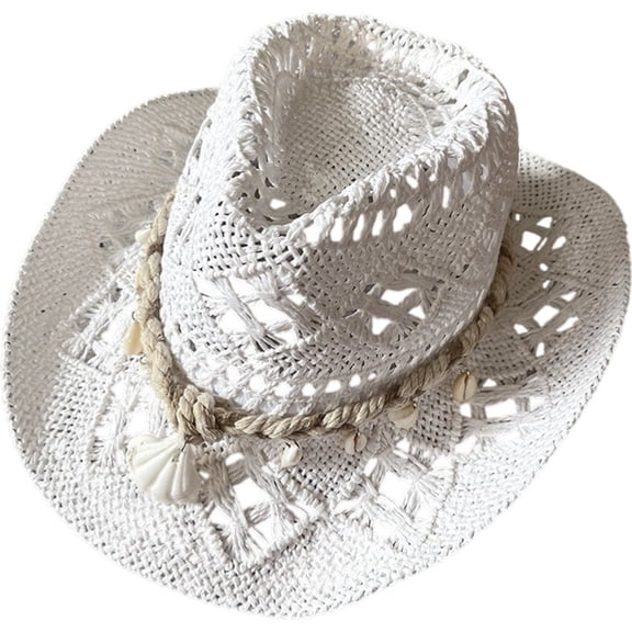 Jiibva Straw Cowboy Hats for Women Shell Decoration Western Cowgirl Hat Holiday Beach Sun Hat Hollow Out Wide Brim Summer Cowboy Hats for Beach Outdoor