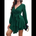 thumbnail image 3 of Vestido Corto de Mujer, Larga, Escote en V Profundo, Cintura con Lazo y Volantes, Estilo . Verde Oscuro XL, 3 of 8